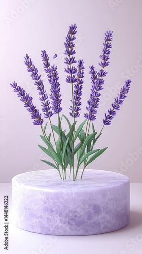 Podium lavender skincare. Lavender sprigs arranged on a round, marble-like pedestal with a minimalist, pastel background.