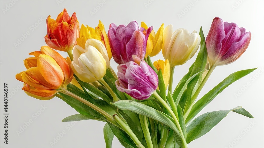 Obraz premium Vibrant bouquet of multicolored tulips on a white background.