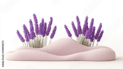 Podium lavender skincare. Minimalist arrangement of lavender flowers emerging from a smooth, light-colored sculpted surface on a white background.