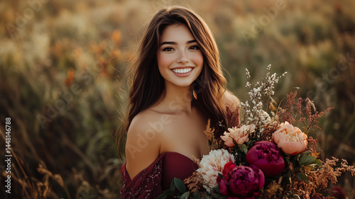 Portrait of a beautiful young woman wearing a wine-colored dress holding a bouquet of peonies.