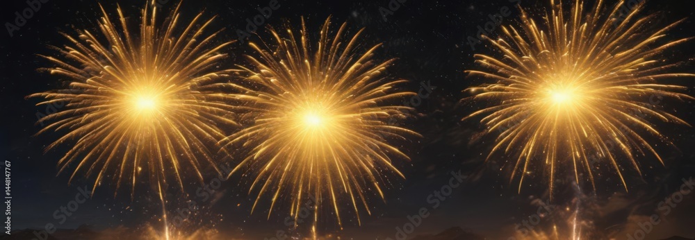 Naklejka premium Radiant yellow fireworks explode against a night sky, vibrant and intense , explosion, pattern, burst