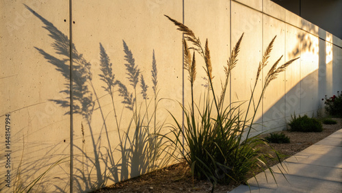 Tall grass plant with long shadows on smooth concrete wall in warm sunlight, creating minimalist and peaceful outdoor scene with natural textures and soft light