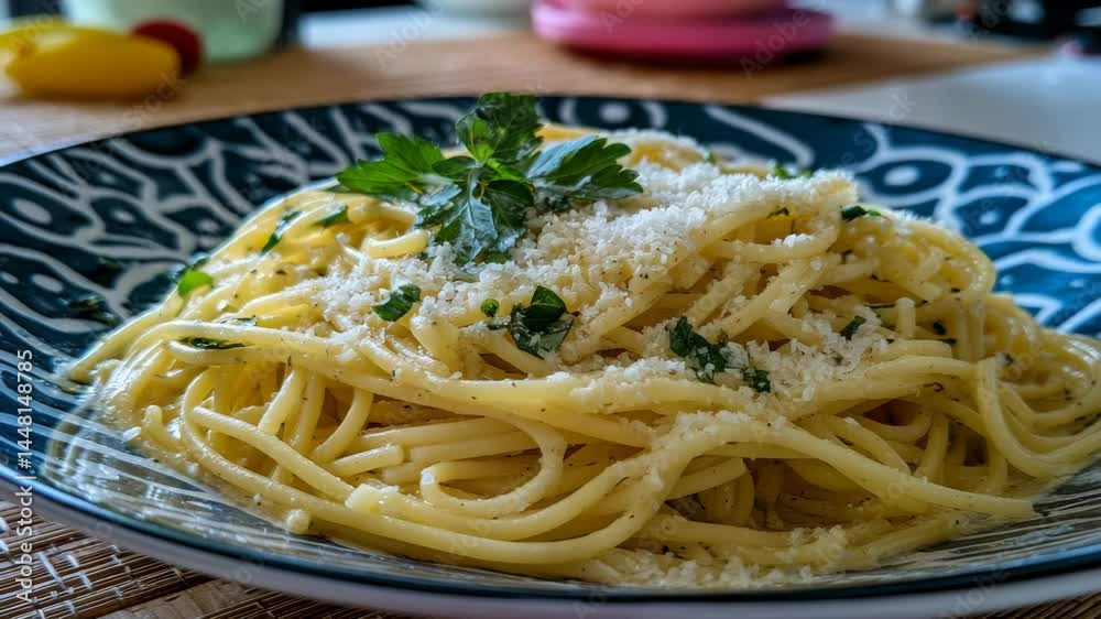 Spaghetti pasta with parmesan cheese and parsley served in a decorative blue bowl for lunch or dinner meal. Spaghetti pasta with parmesan cheese and parsley served in a decorative blue bowl for lunch or dinner meal.