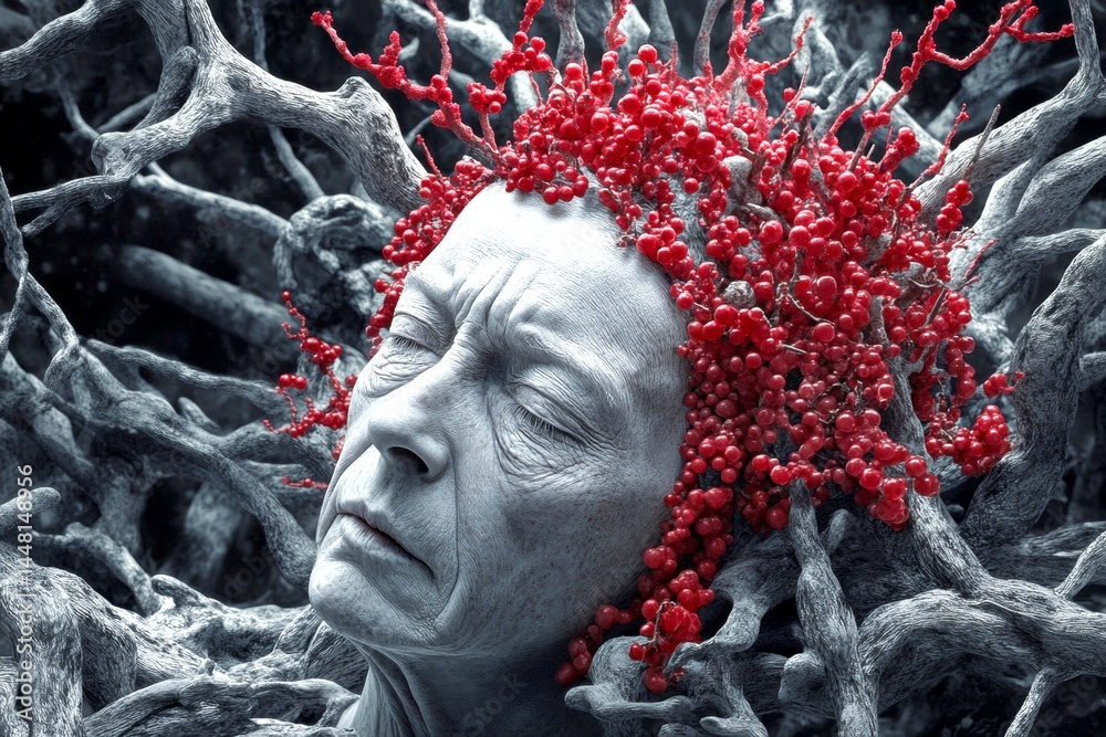 Senior recovery. High blood pressure - difficulty in old age: abstract image of physical state. Weak aging body. Metaphorical high blood pressure emotions of a biological aging. Old man frow.