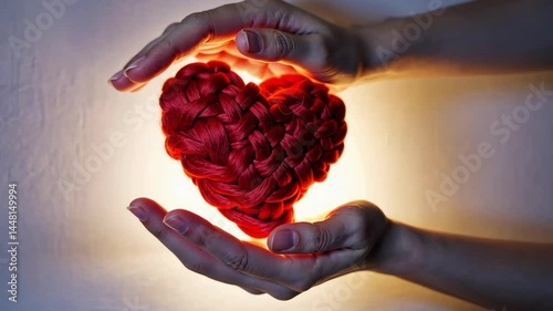A Heartwarming Display of Love: Two Hands Gently Cradling a Beautifully Woven Red Heart