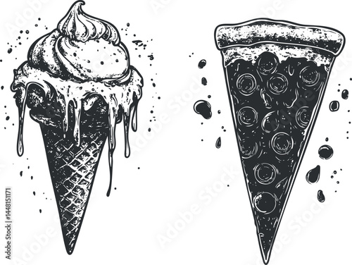Hand drawn black and white illustration of melting ice cream cone and slice of pepperoni pizza