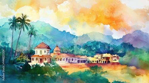 Bright watercolor landscape of Tamil Nadu featuring heritage buildings and natural beauty