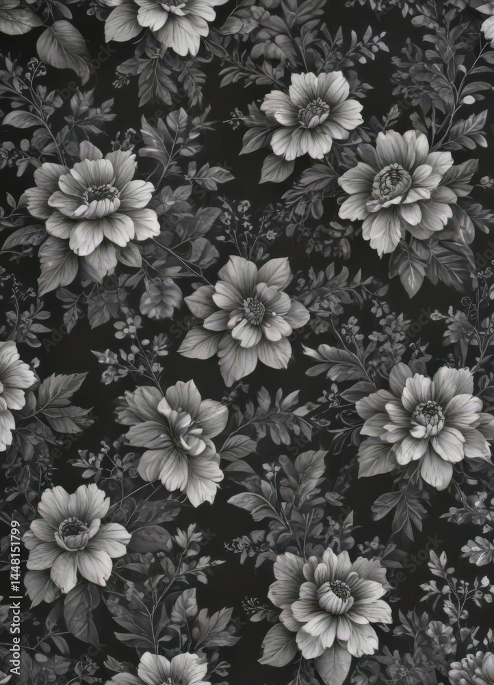 Elegant charcoal small-scale floral repeat design Perfect for wallpaper or fabric , charcoal, grey scale, repeat Elegant charcoal small-scale floral repeat design Perfect for wallpaper or fabric , charcoal, grey scale, repeat