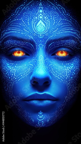 Striking blue-skinned face with intricate bioluminescent patterns and intense orange eyes. A captivating, otherworldly portrait