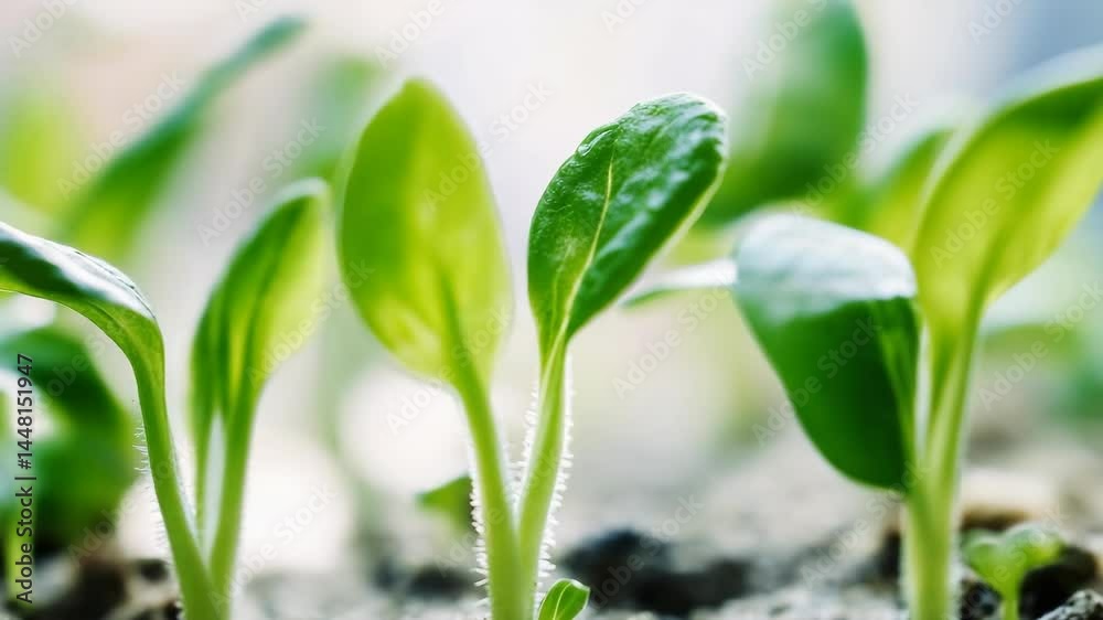 Several small sprouts of green plants with stems growing in rich soil in the spring season Several small sprouts of green plants with stems growing in rich soil in the spring season