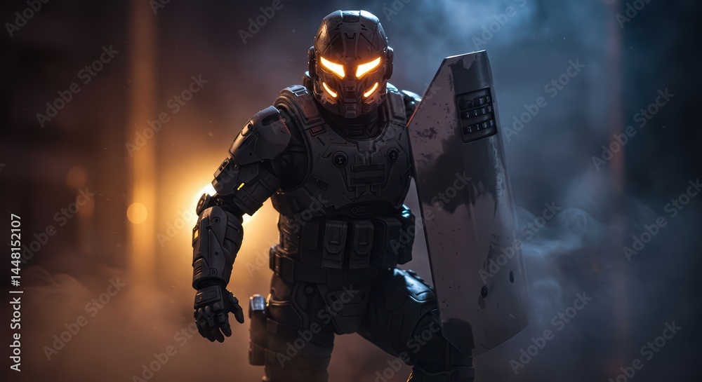 Fototapeta premium Futuristic Soldier with Shield and Glowing Eyes