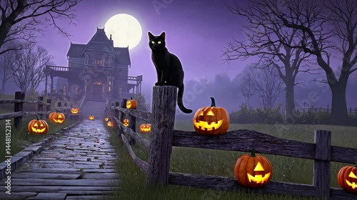 Mysterious Cat on Fence Under Full Moon with Glowing Jack-o'-Lanterns in Enchanted Halloween Landscape