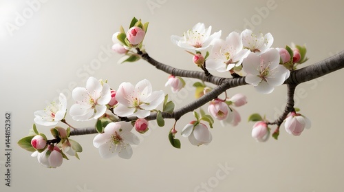 Pink-Tipped White Blossoms on Branch with Green Leaves
