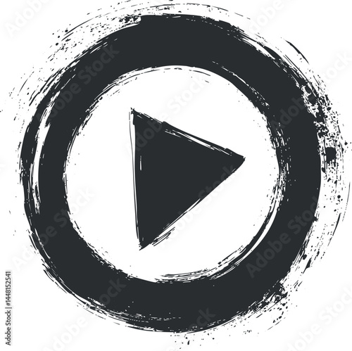 Grunge style play button icon with a rough circular brush stroke and triangle symbol