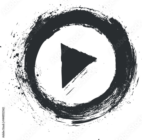 Grunge styled play button icon with rough brush stroke circle around it for media controls