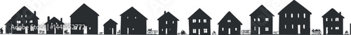 Black silhouette of a row of various houses and homes in a suburban neighborhood on white background