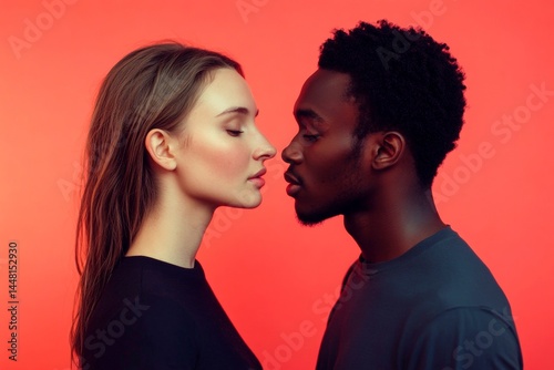 Obraz na płótnie Commercial commercial idea art. Sign of love and affection. Valentine's day, lovebirds couple: stunning dazzling, image of loving interracial young lovers. Deep gaze. Perfect relationship. w salonie