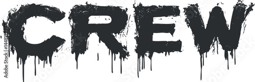 Grunge style black dripping paint text spelling crew on white background with artistic splatter effect