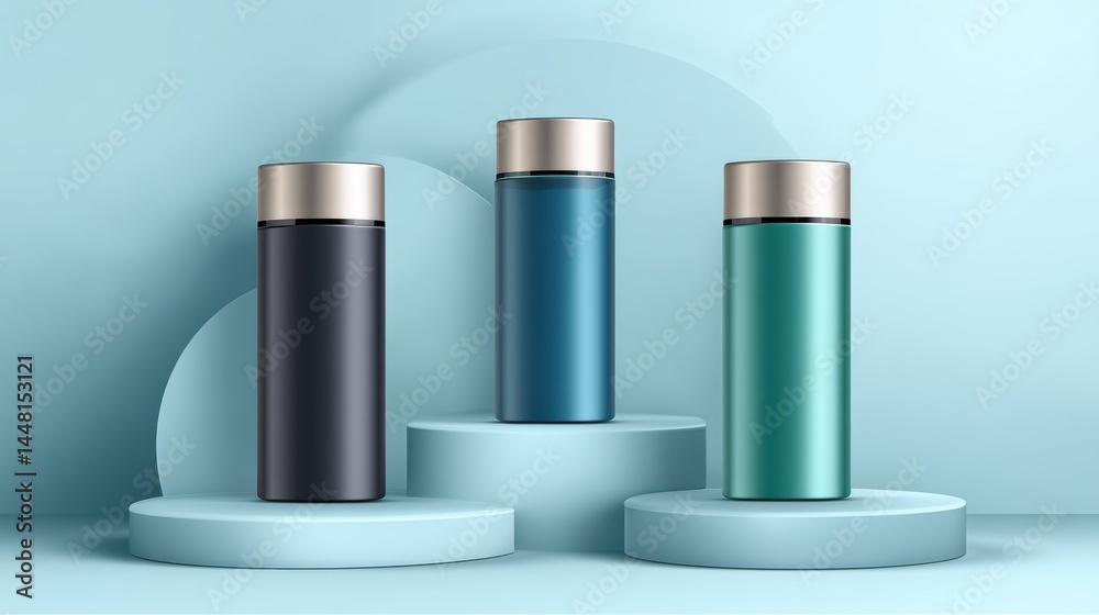 Three modern insulated water bottles with metallic lids displayed on blue podiums against a minimalist backdrop. Three modern insulated water bottles with metallic lids displayed on blue podiums against a minimalist backdrop.