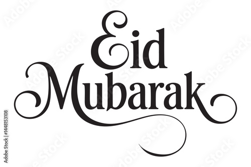 Artistic black and white Eid Mubarak typography design with decorative flourishes for Islamic celebration greetings and decor.