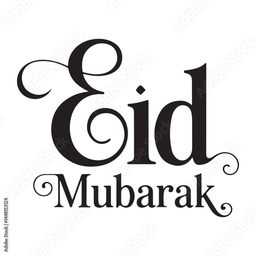Eid Mubarak typography with flourishes and swirls on a clean white background for Islamic greetings.