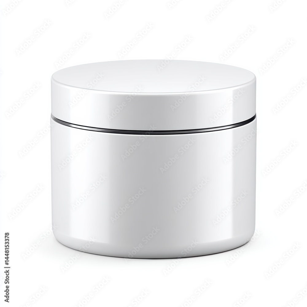 A plain, white, cylindrical cosmetic jar with a screw-on lid, isolated on a white background. A plain, white, cylindrical cosmetic jar with a screw-on lid, isolated on a white background.