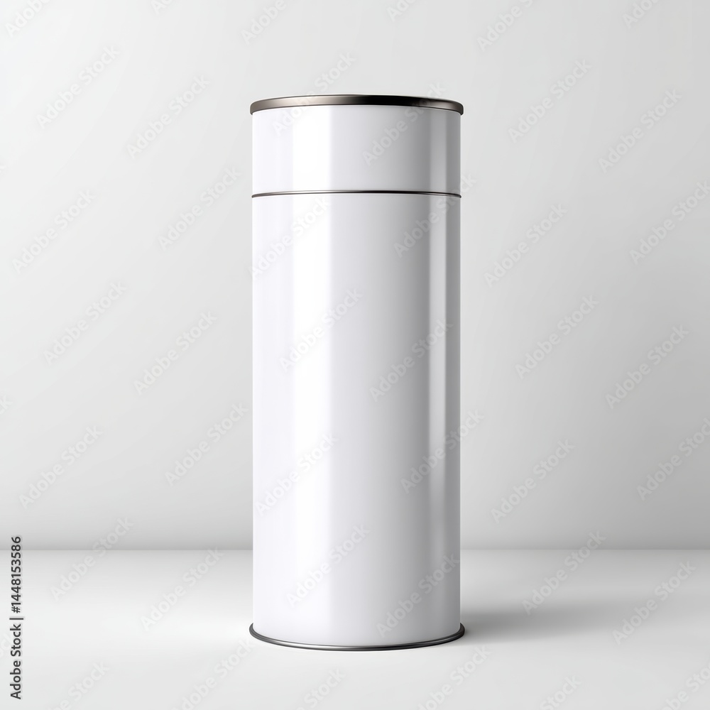 A sleek, white cylindrical container with a metallic lid stands against a plain, light background. A sleek, white cylindrical container with a metallic lid stands against a plain, light background.