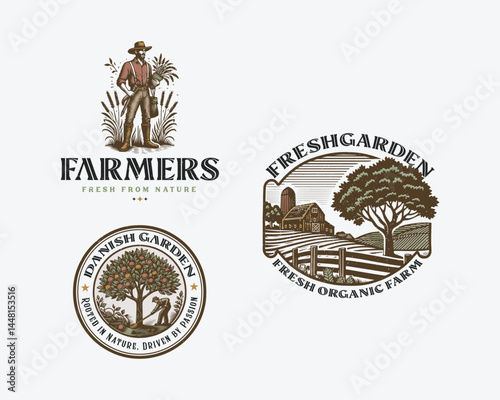 Vintage classic fresh gardening farm logo for vegetables, fruit farmer business 