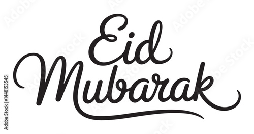 Modern handwritten Eid Mubarak calligraphy in black and white with smooth elegant script for Islamic celebration.