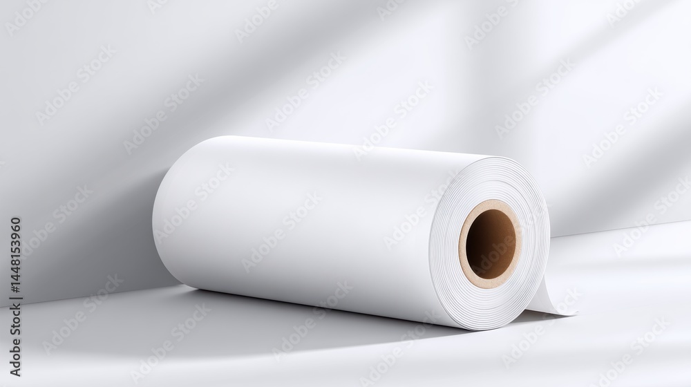 A large roll of white paper rests on a smooth white surface with soft natural lighting and shadow. A large roll of white paper rests on a smooth white surface with soft natural lighting and shadow.