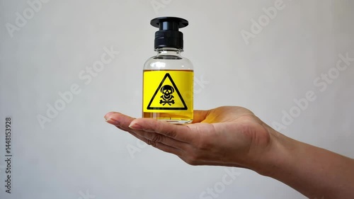 A Close-Up View of a Warning Label on a Poisonous Substance in a Glass Bottle Held in a Human Hand