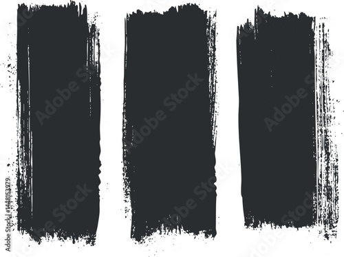 Set of three black grunge brush strokes with rough edges and textured paint effect