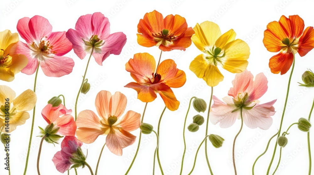 Fototapeta premium Close botanical shot of western buttercup flowers, vibrant color contrast on clean white