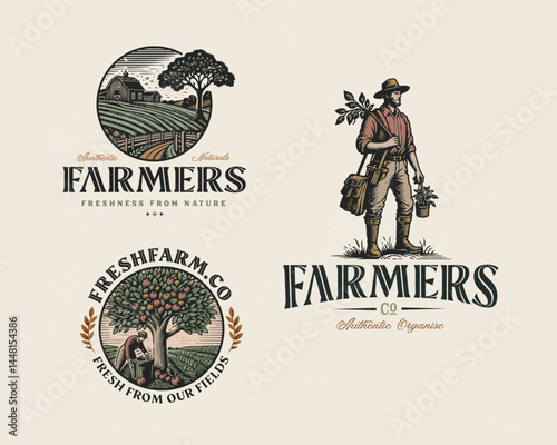 Vintage classic fresh gardening farm logo for vegetables, fruit farmer business 