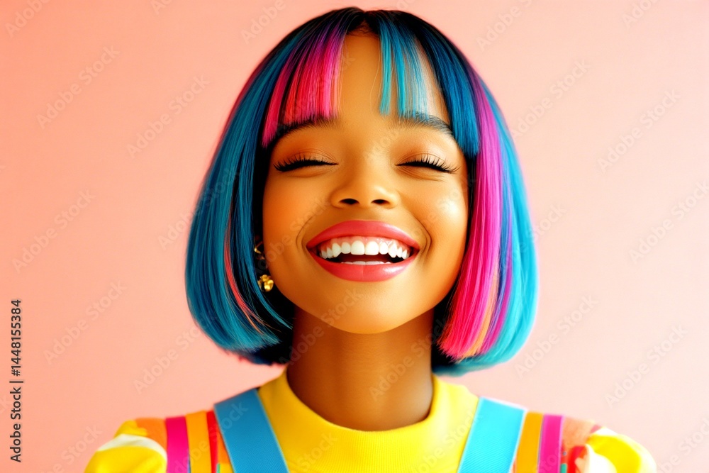 Short trim - multicolored hair. Commercial marketing creative. Stunning happy black girl - for ads, magazine ad and social apps marketing use. Black beauty elegance. African hair ads.