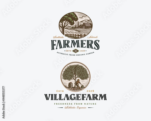 Vintage classic fresh gardening farm logo for vegetables, fruit farmer business 
