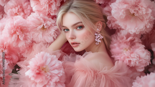 Portrait of a beautiful blonde woman of angelic beauty among pink peonies with tulle and floral earrings, magazine cover, cosmetics, spa