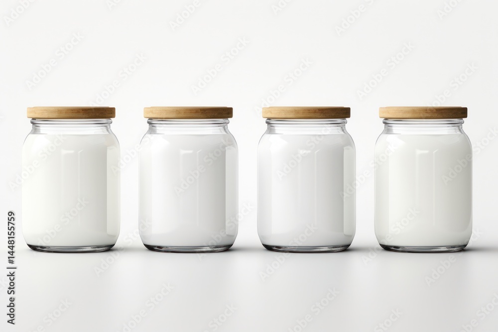 Minimalist glass jar with a simple screw-top lid filled with creamy milk Minimalist glass jar with a simple screw-top lid filled with creamy milk