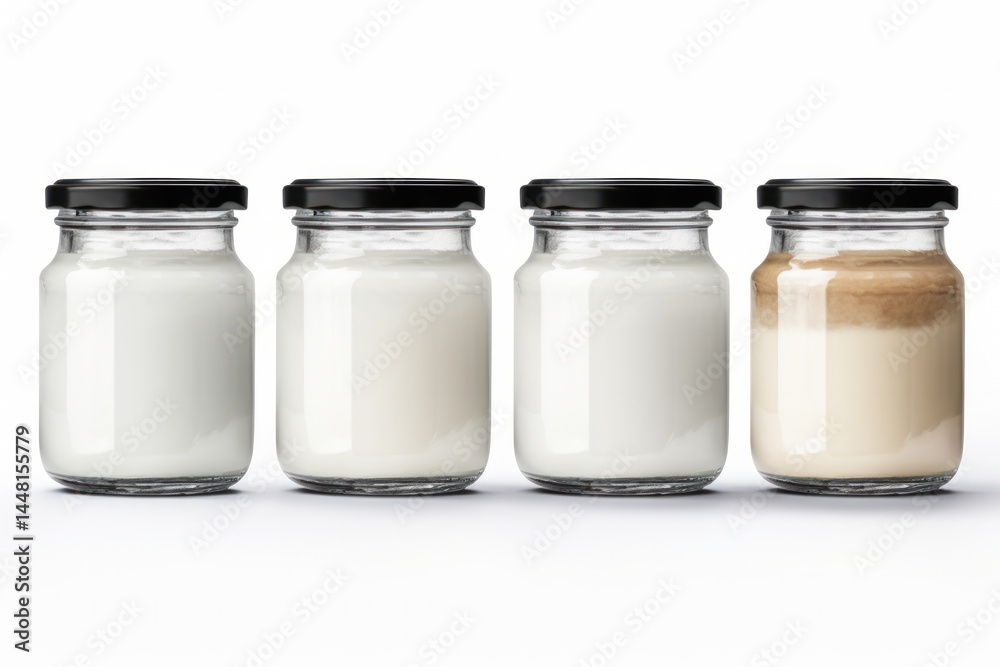 Minimalist glass jar with a simple screw-top lid filled with creamy milk Minimalist glass jar with a simple screw-top lid filled with creamy milk