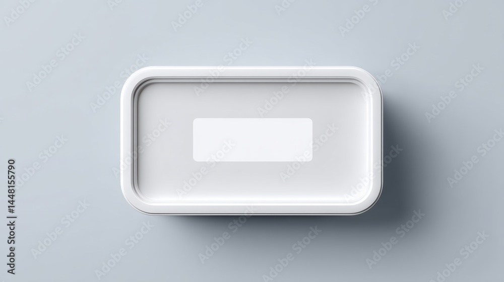 Minimalist rectangular white food container with a blank label, viewed from above on a light gray background. Minimalist rectangular white food container with a blank label, viewed from above on a light gray background.