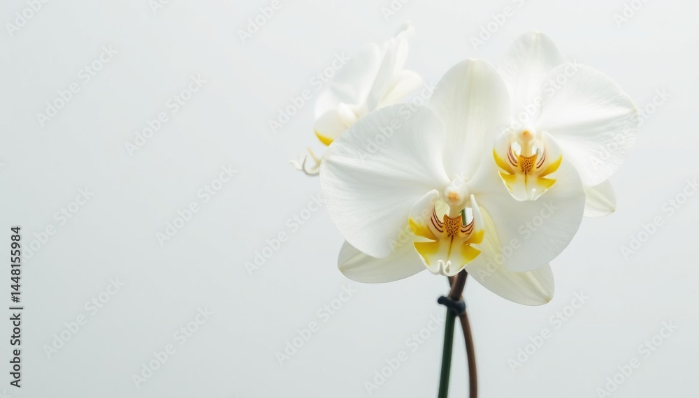 Obraz premium Delicate white orchid blossom against pure white background, calm, simple
