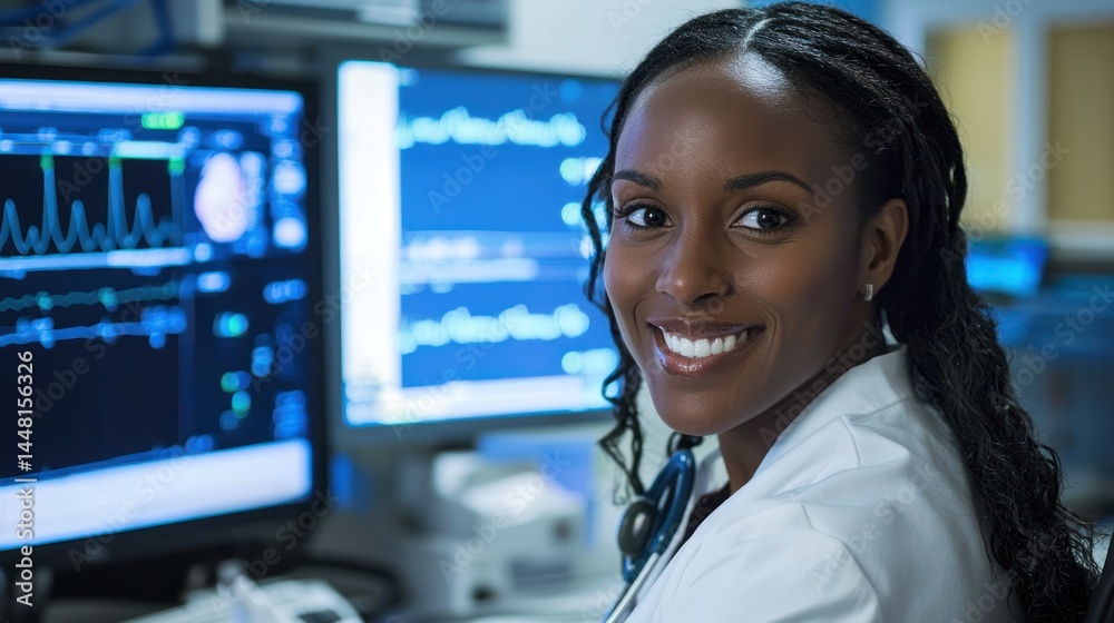 Fototapeta premium A female doctor in a white coat, smiling, with a stethoscope around her neck, standing in a medical office with multiple computer monitors in the background.