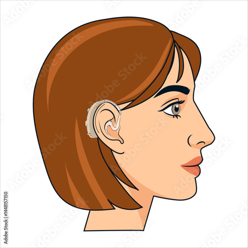 Woman Wearing Hearing Aid Device Side View Vector illustration. Woman in profile view wearing a behind the ear hearing aid suitable for medical brochures audiology websites hearing loss awareness