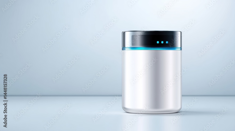 A sleek, modern smart home device with a metallic finish and glowing blue indicator lights on a minimalist background. A sleek, modern smart home device with a metallic finish and glowing blue indicator lights on a minimalist background.