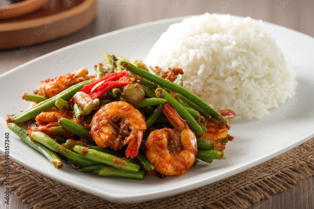 Red curry shrimp and yardlong beans served on a white plate with jasmine rice Red curry shrimp and yardlong beans served on a white plate with jasmine rice