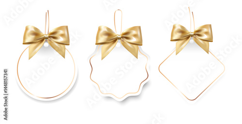 Set of elegant tags labels with blank frames and golden satin bows in round wavy and diamond shapes perfect for cards holiday gift packaging invitations branding and luxury product labeling.Vector i