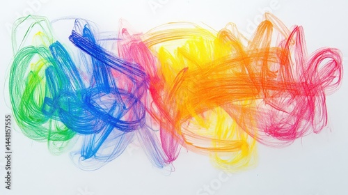 Colorful scribble in messy chalk stroke, vivid rainbow hand-drawn design on white
