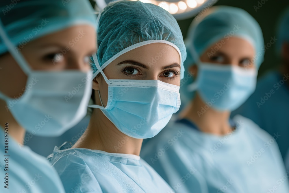 Team of doctors in protective masks working diligently in a surgical setting Team of doctors in protective masks working diligently in a surgical setting