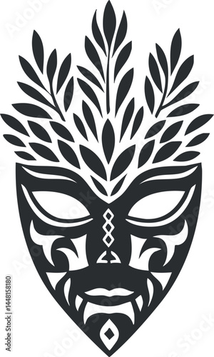 Black tribal mask design decorated with stylized leaves and abstract ornamental patterns