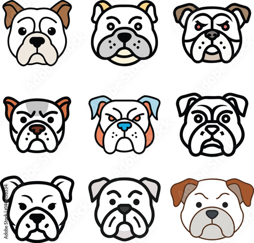 Set of Cartoon Bulldog Face Icons. Angry and Cute Dog Expressions in Vector Style